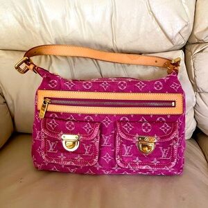 Louis Vuitton (LV) Monogram Baggy Pink Fuchsia Denim Shoulder Bag Purse -PM Size